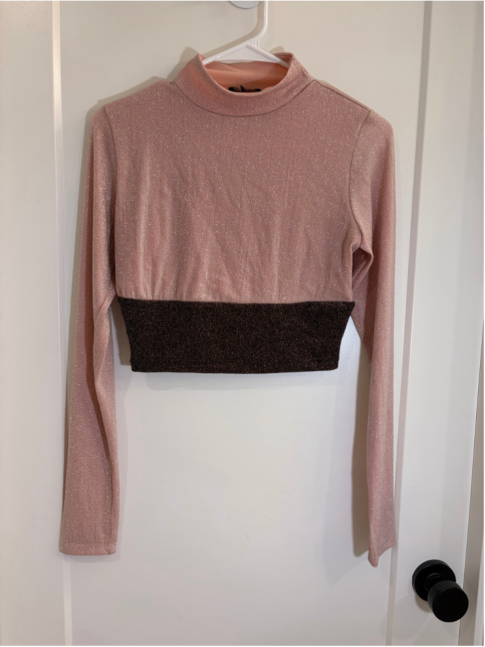 Women's Naked Wardrobe Shimmer Lurex Mock Neck Long Sleeve Crop Top Size Large